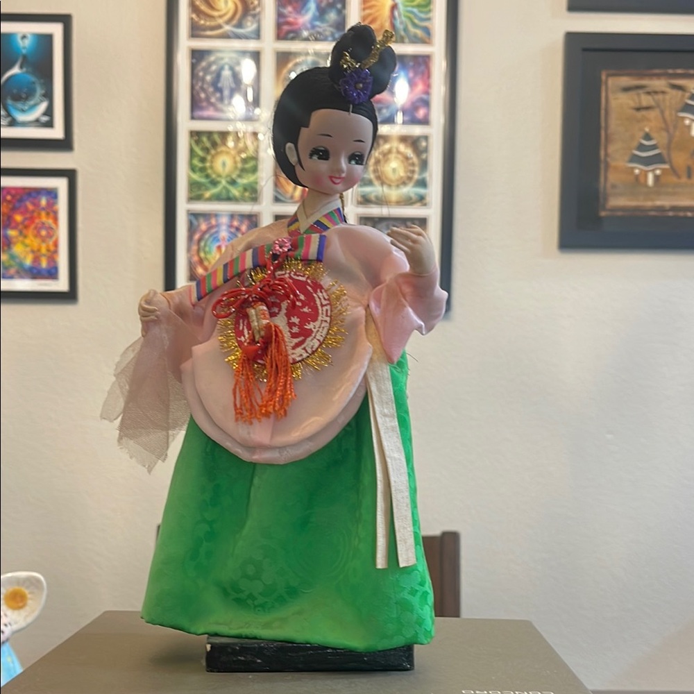 Traditional Korean Doll in Green and Pink Hanbok